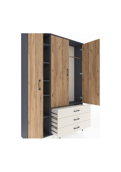 Arges Dolap 6 Raflı 3 Çekmeceli Tek Askılı 132x30x195 Antrasi... Antrasit