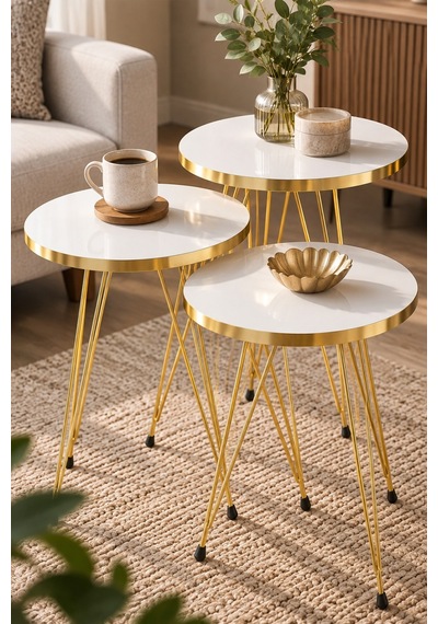 Sulorahome Gold Tel Zigon Sehpa Takımı Beyaz 3'lü Altın - Beyaz