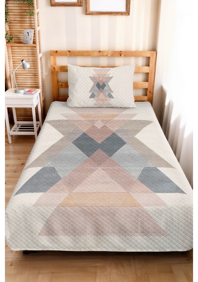 Geometrik Bej Modern Genç Odası Tek Kişilik Pike Takımı - Pudra Gri 160x220 Cm Kapitone Yatak Örtüsü Bordo