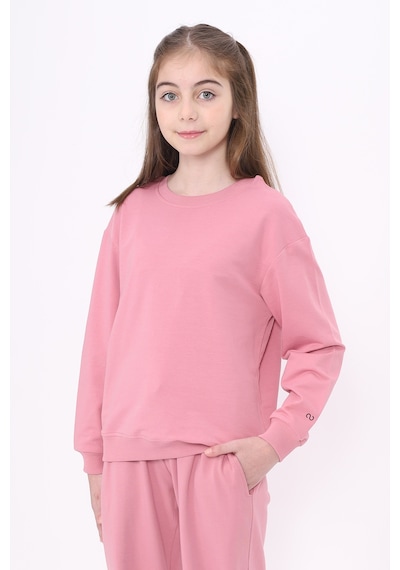 Kız Çocuk Relax Fit Bisiklet Yaka Baskılı Sweatshirt - 2 İplik Gülkurusu