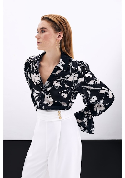 Sateen Kol Detaylı Gömlek - Siyah-135825 Siyah