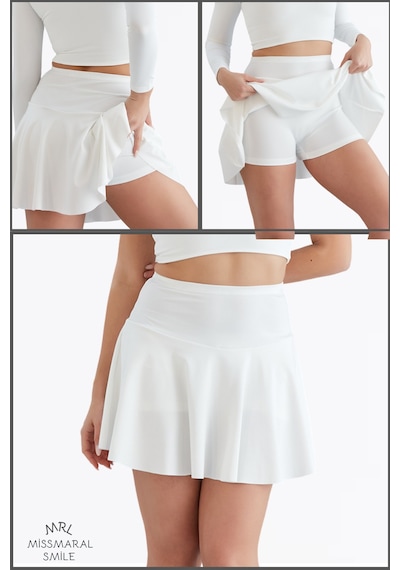 Büyük Beden Etek Içi Şortlu Ekru / Beyaz Yüksek Bel Volanlı Deniz Şortu Skirt With Shorts Curve Ekru / Beyaz