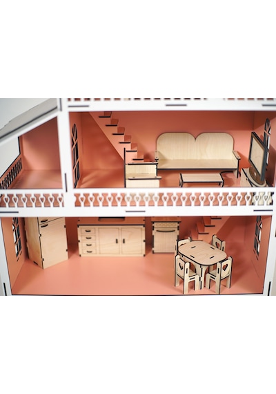 Wood Kids Toys Mobilyalı Ahşap Bebek-Çocuk Oyun Evi Seti