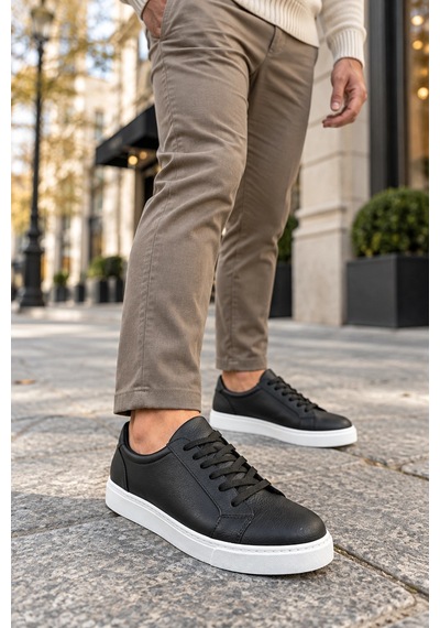 Mevese Etile Bağcıklı Cilt Erkek Günlük Sneaker Ayakkabı - Siyah