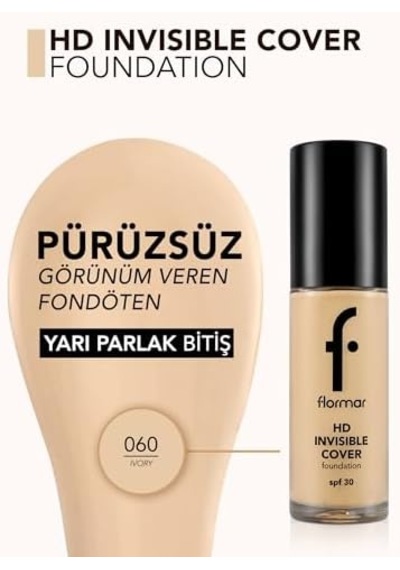 Invisible Cover Hd Hafif Yapılı & Yarı Parlak Bitişli Spf30 Fondöten 060 Ivory 0