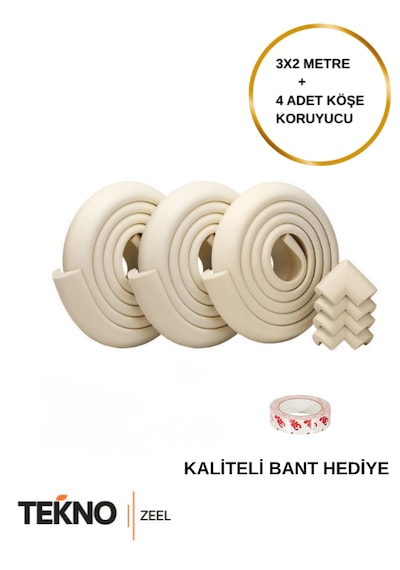 Teknozeel Kauçuk Krem Renk 6 Metre Kenar Ve 4 Adet Köşe Koruyucu Bebek Çocuk Masa Koruma Seti