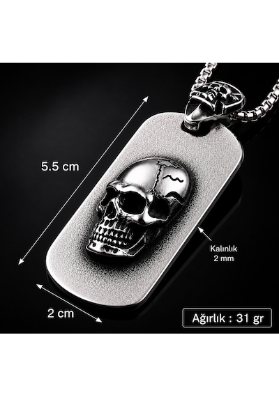Paslanmaz Kararmaz Çelik Künye Model 3d Kabartmalı Kurukafa Kolye
