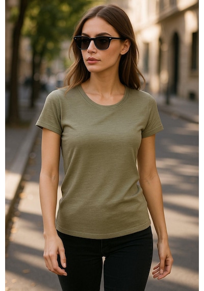 Kadın %100 Organik Pamuklu Relaxed Yıkamalı T-shirt Bisiklet Yaka Kısa Kollu Kadın Basic Tişört Haki