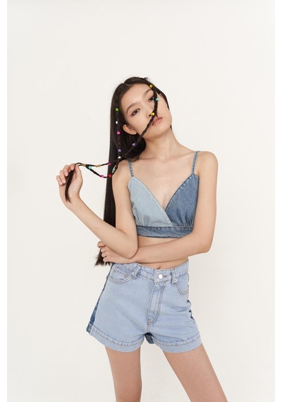 Holly Lolly Yüksek Bell, Çift Renkli Mini Ocean Jean Şort Mavi