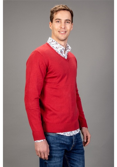 Tudors Slim Fit Dar Kesim V Yaka Pamuklu Erkek Kazak-14072 Kırmızı