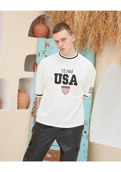 Novalisse Erkek Bisiklet Yaka Tişört Nakış İşlemeli Kısa Kol Oversize T-shirt - Beyaz Çoklu Renk