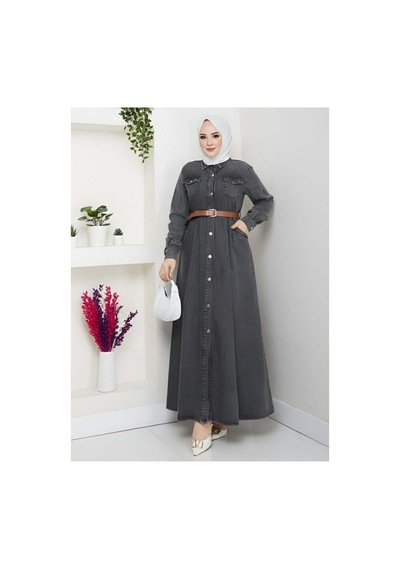 Hb Harma Time Butik Kadın Düğmeli Kemerli Denim Kot Siyah Elbise Siyah Siyah
