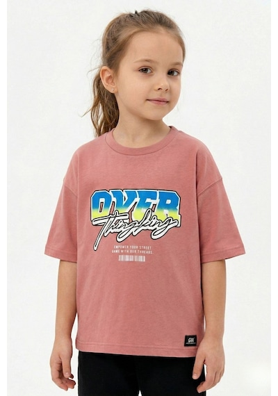 New Kids Baskılı %100 Pamuk Kız Çocuk Tişört-90492 Somon