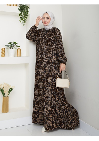 Nevayla Moda Önü Büzgülü Viskon Elbise - Siyah/taba / E0130 Siyah/taba