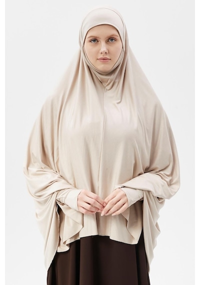 Altobeh Kollu Sufle Çarşaf Üstü Peçeli Pratik Tesettür Hijab - Nikaplı Namaz Örtüsü Koyu Krem