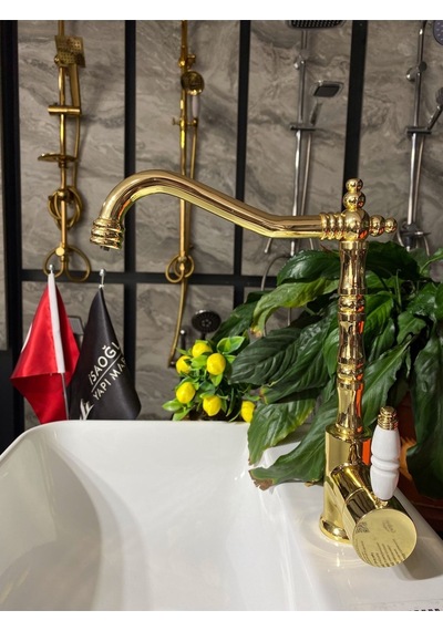 İsaoğlu Yapı Altın 3 Yollu Mutfak Bataryası Gold Zen Design Arıtmalı Rustik Mutfak Bataryası Evye Musluğu Gold