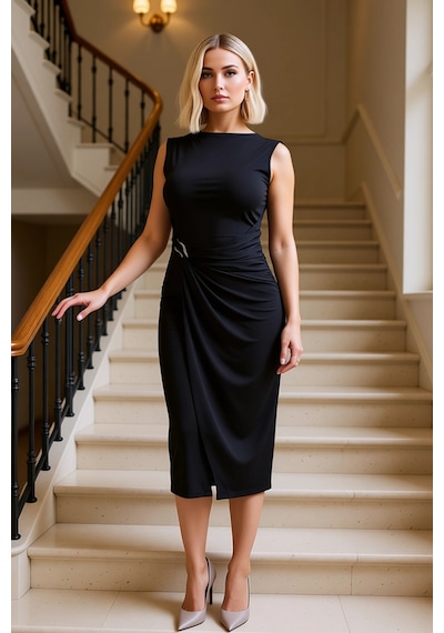 Benerly Kadın Bisiklet Yaka Kolsuz Bodycon Midi Elbise Büyük Beden Sandy Siyah
