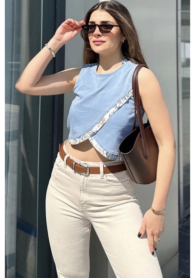 WeShaya Kadın Mavi Önü Çapraz Katlı, Kolsuz, Yuvarlak Yaka, Crop Kot Bluz Mavi