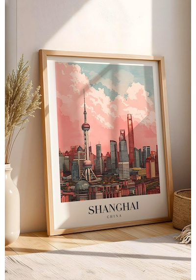 Shanghai China Vintage Seyahat Posteri Çerçeveli Tablo - Premium Pudong Silüeti Elit Duvar Dekoru Kayın Shanghai China Vintage Seyahat Posteri Çerçeveli Tablo - Premium Pudong Silüeti Elit Duvar Dekoru Kayın