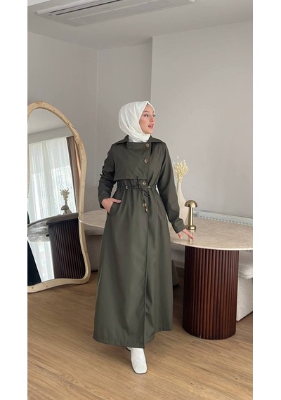 Esra Butik78 Kadın Düğmeli Trençkot Kendi Kumaşından Kemerli Model Haki
