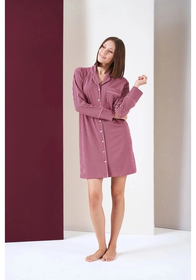 Ang Butik Kadın Pjs 26010 Önden Düğmeli Çizgili Gecelik Pembe