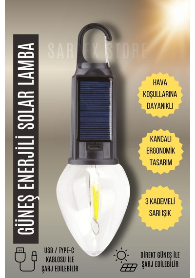Solar Led Ampul Güneş Enerjili + Usb Şarjlı Bahçe Balkon Teras Kamp Karavan Aydınlatması Lambası 1