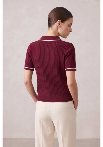 Rovebella Incanto Polo Yaka Saç Örgü Bordo Triko Bluz