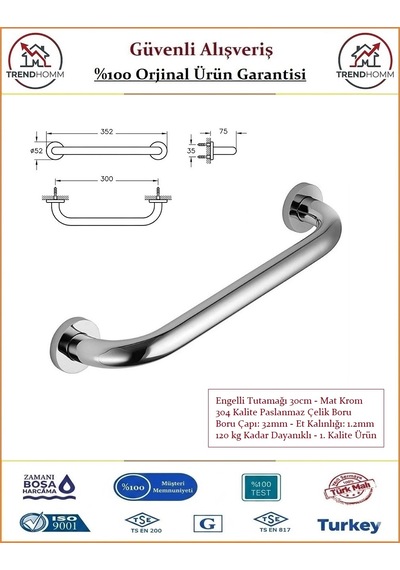 Trendhomm Engelli Tutunma Barı - Bedensel Engelli Küvet Tutunma Barı - 30cm Krom