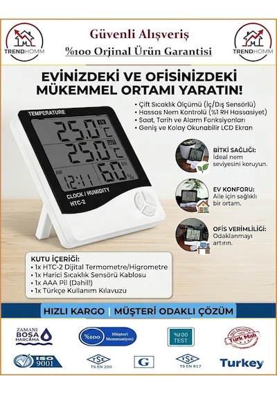 Temperature Htc-1 - Saatli - Dijital Termometre - Sıcaklık & Nem Ölçer