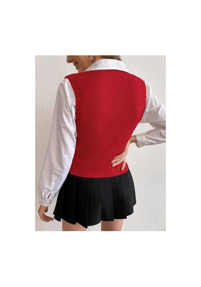 Youknitwear You Cameron %100 Pamuk V Yaka Kadın Süveter Kırmızı