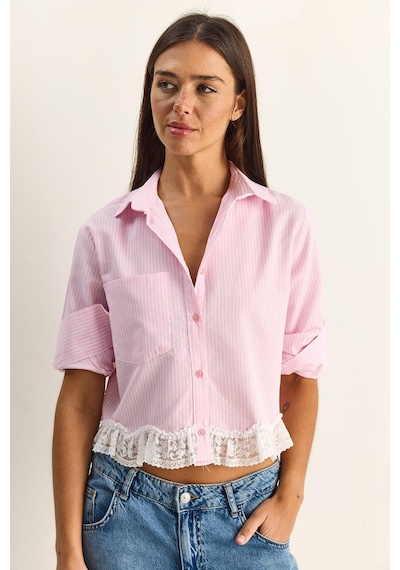 Shade Kadın Dantel Detaylı Çizgili Poplin Crop Gömlek Dg261023 60286099 - Pembe