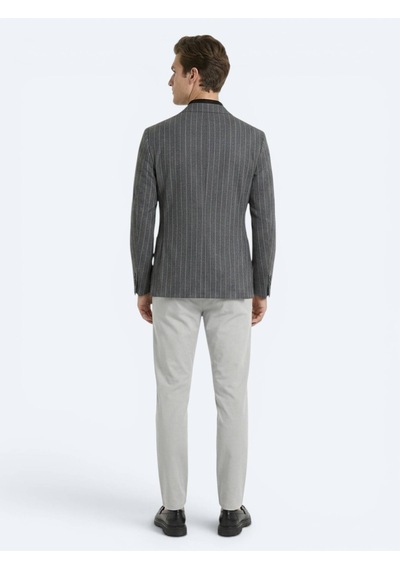 Kip Antrasit Çizgili Modern Fit Keten Karışımlı Ceket
