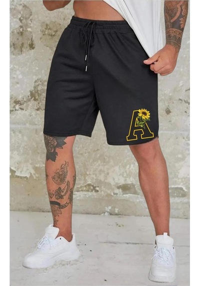 Benroma Çiçekli A Baskılı Unisex Şort Siyah