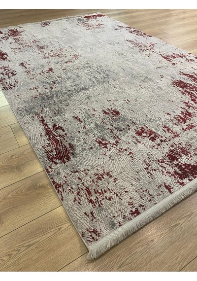 Sanat Halı Doku 1082 Gri Kırmızı Eskitme Desenli Makine Halısı Sarı