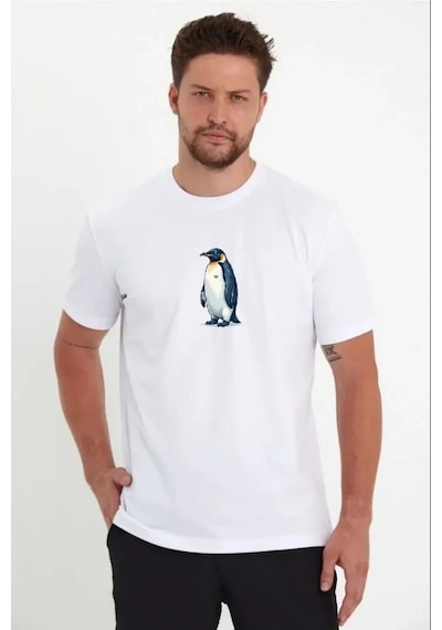 Modi Green Sırt Baskılı Erkek Günlük Stil Beyaz - Survivor Penguin Temalı, F