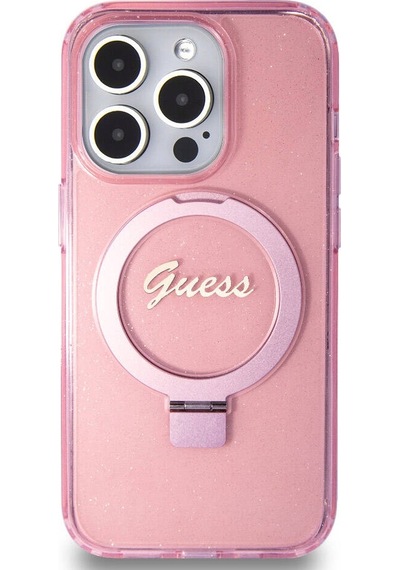 Apple Uyumlu iPhone 15 Pro Kılıf Guess Lisanslı Magsafe Özellikli Simli Ring Standlı