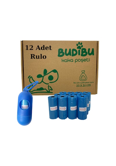Budibu Köpek Kaka Poşeti Dışkı Torbası 12 Rulo + Taşıma Çantası Mavi