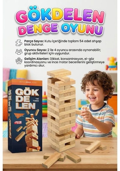 Ahşap Gökdelen Ahşap 54 Parçalı 4 Kişilik Eğitici Ve Zeka Aile Kule Denge Oyunu