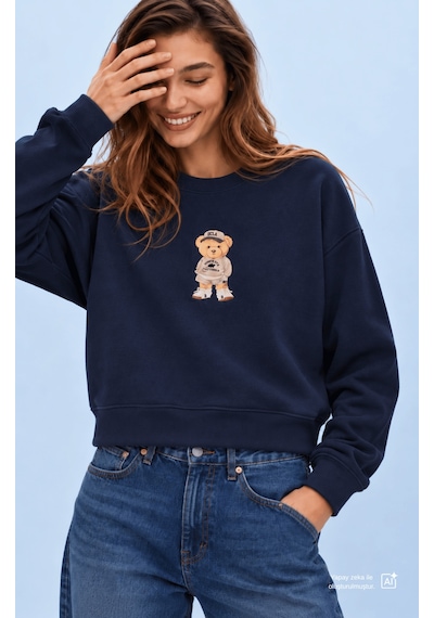 UCLA Cardı Lacivert Baskılı Pamuk Bisiklet Yaka Loose Fit Kadın Sweatshirt