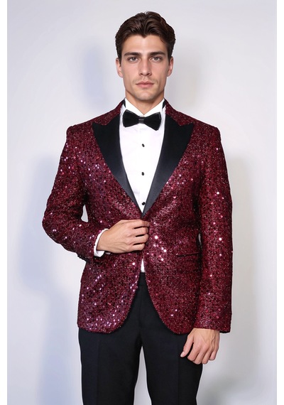 Pul Desenli Bordo Damatlık Ceket - Wessi Burgundy