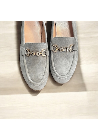 Ne&ve Shoes Gri Süet Hakiki Deri Zincirli Kadın Loafer Ayakkabı