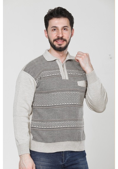 Kzc Tekstil Erkek Baba Orta Yaş Ve Üzeri Triko Örgü Akrilik Kışlık Regular Fit Cepli Fermuarlı Polo Yaka Kazak Bej
