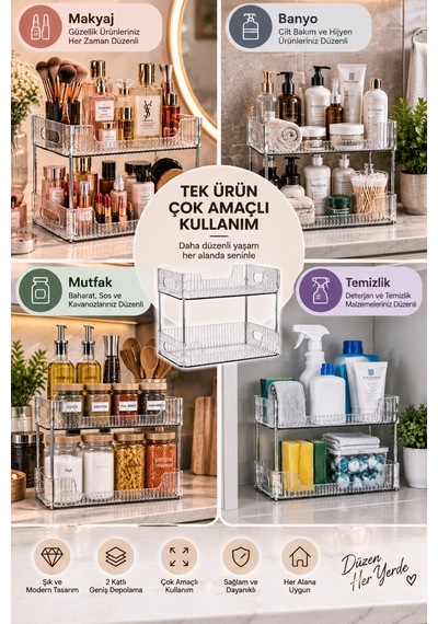 Lumera 2 Katlı Şeffaf Çok Amaçlı Organizer Makyaj, Parfüm, Banyo Ve Mutfak Düzenleyici Raf 33 22 28 Cm. Şeffaf