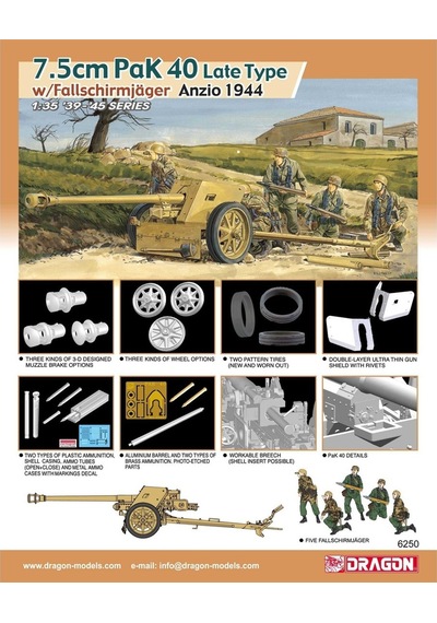 Dragon 6250 1/35 Ölçek ,7.5cm Pak 40 Geç Tip Çekili Top Ve Mürettebatı Anzio 1944 , Plastik Model Kiti-59418