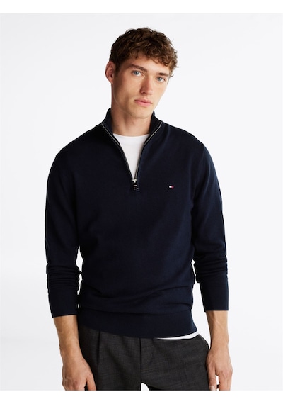 Tommy Hilfiger Pıma Org Ctn Cashmere Zıp Mock Erkek Mavi Kazak - Mw0mw28049