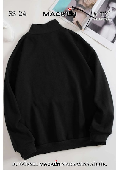 Macklin Unisex Kadın Erkek Cltic Baskılı Yarım Fermuarlı Dik Yaka Basic Sweatshirt Siyah Mck2533 Siyah
