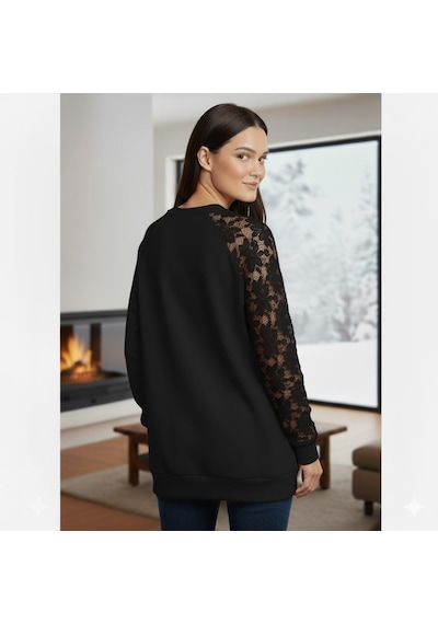 Afri Siyah Dantel Detaylı Sweatshirt Şık Ve Rahat Günlük Kadın Üst Yumuşak Kumaş Siyah