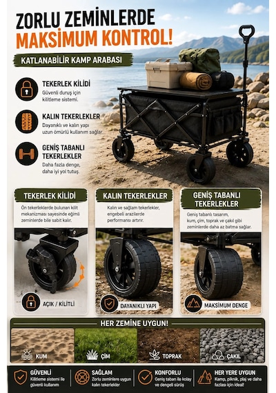 Mey İthalat Katlanabilir Kamp Arabası Üst Tablalı 130 Kg Taşıma Kapasiteli Geniş Tekerlekli Çekçek