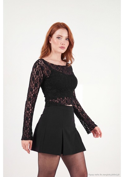 Lela Çiçek Desen Dantelli Kayık Yaka Bluz Kadın Bluz 5867118 Siyah