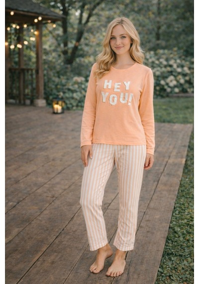 Rindahomewear Kadın Hey You Baskılı Süprem Uzun Kol Pijama Takımı Somon